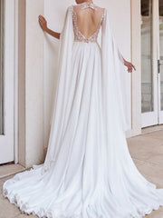 Sexy A-Line Beach Wedding Dresses High Neck Detachable Chiffon Lace Long Sleeve Bridal Gowns See-Through Court Train