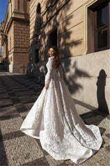Sexy A-Line Slit Beach Wedding Dress Lace Long Sleeves Bridal Gowns with Chapel Train