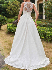 Sexy A-Line Wedding Dress Jewel Lace Tulle Sleeveless Formal Bridal Gowns with Sweep Train