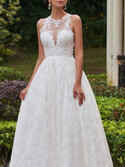 Sexy A-Line Wedding Dress Jewel Lace Tulle Sleeveless Formal Bridal Gowns with Sweep Train