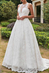 Sexy A-Line Wedding Dress Jewel Lace Tulle Sleeveless Formal Bridal Gowns with Sweep Train