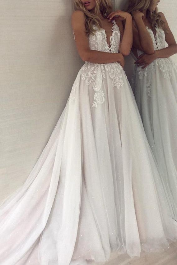 Sexy A-Line Wedding Dress V-neck Lace Tulle Sleeveless Bridal Gowns with Sweep Train