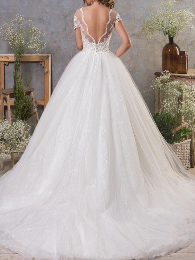Sexy A-Line Wedding Dresses Jewel Lace Tulle Short Sleeve Bridal Gowns Vintage See-Through Backless Court Train