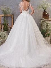 Sexy A-Line Wedding Dresses Jewel Lace Tulle Short Sleeve Bridal Gowns Vintage See-Through Backless Court Train
