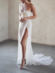 Sexy A-Line Wedding Dresses One Shoulder Strapless Tulle Sequined Bridal Gowns in Color See-Through Court Train