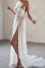 Sexy A-Line Wedding Dresses One Shoulder Strapless Tulle Sequined Bridal Gowns in Color See-Through Court Train