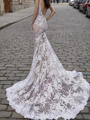 Sexy A-Line Wedding Dresses Plunging Neck Detachable Lace Tulle Chiffon Bridal Gowns Romantic Sweep Train