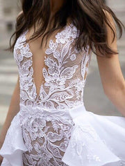 Sexy A-Line Wedding Dresses Plunging Neck Detachable Lace Tulle Chiffon Bridal Gowns Romantic Sweep Train