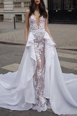 Sexy A-Line Wedding Dresses Plunging Neck Detachable Lace Tulle Chiffon Bridal Gowns Romantic Sweep Train