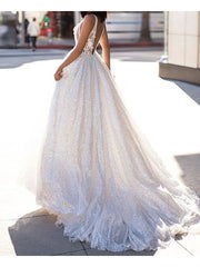 Sexy A-Line Wedding Dresses Scoop Lace Tulle Sleeveless Bridal Gowns Beach See-Through Sweep Train