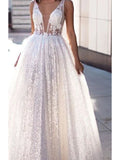 Sexy A-Line Wedding Dresses Scoop Lace Tulle Sleeveless Bridal Gowns Beach See-Through Sweep Train