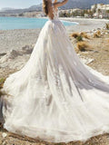 Sexy A-Line Wedding Dresses V-Neck Lace Tulle Sleeveless Bridal Gowns Formal See-Through Court Train
