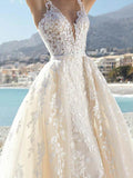 Sexy A-Line Wedding Dresses V-Neck Lace Tulle Sleeveless Bridal Gowns Formal See-Through Court Train