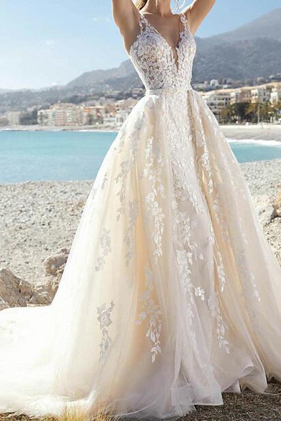 Sexy A-Line Wedding Dresses V-Neck Lace Tulle Sleeveless Bridal Gowns Formal See-Through Court Train