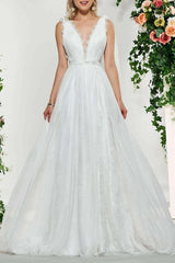 Sexy Backless A-Line V-neck Wedding Dress Lace Tulle Sleeveless Bridal Gowns with Sweep Train