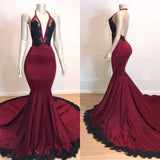 Sexy Backless Black Lace Prom Dresses | Mermaid V-neck Burgundy Evening Gown with Long Train BC0620