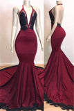 Sexy Backless Black Lace Prom Dresses  | Mermaid V-neck Burgundy Evening Gown with Long Train BC0620