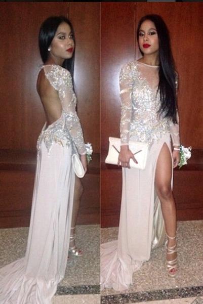 Sexy Backless Evening Dress with Slit Long Sleeves Prom Dresses with Sequins