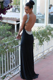 Sexy Backless Evening Dresses Crystals Black Long Sheath Prom Gowns