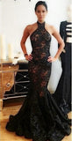 Sexy Backless Evening Gowns Halter Black Lace Mermaid Prom Dresses