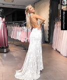 Sexy Backless Lace Slit Prom Dress Online