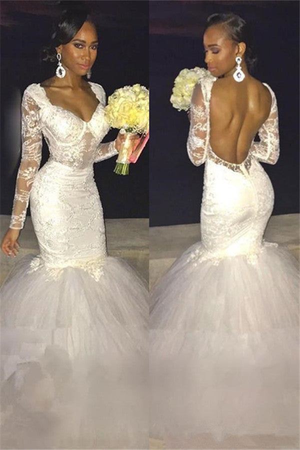 Sexy Backless Long-Sleeve Bridal Gowns | Lace Mermaid Wedding Dress