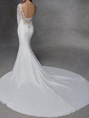 Sexy Backless Mermaid Wedding Dress Jewel Stretch Satin Lace Long Sleeve Simple Bridal Gowns Court Train