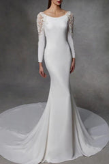 Sexy Backless Mermaid Wedding Dress Jewel Stretch Satin Lace Long Sleeve Simple Bridal Gowns Court Train