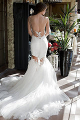 Sexy Backless Mermaid Wedding Dresses | Spaghetti Straps Appliques Bridal Gowns