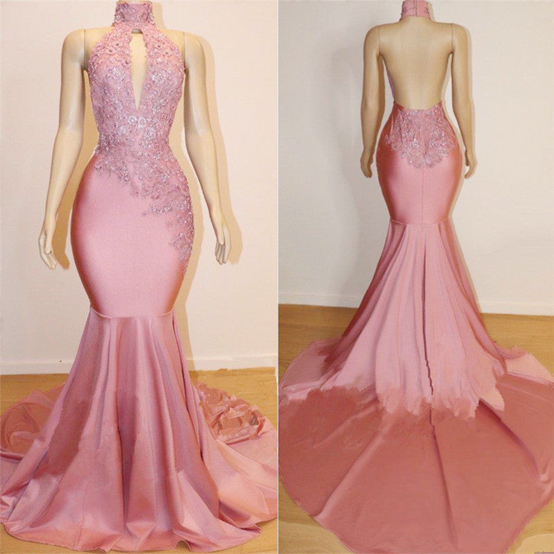 Sexy Backless Pink Prom Dresses on Mannequins Mermaid Beads Appliques Prom Dresses
