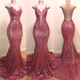 Sexy Backless Pink Sequins Prom Dresses | Spaghetti Straps Mermaid Sleeveless Evening Gowns BC1067