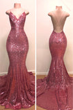 Sexy Backless Pink Sequins Prom Dresses  | Spaghetti Straps Mermaid Sleeveless Evening Gowns BC1067