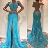 Sexy Backless Shiny Sequins Evening Dresses | Front Split Appliques Prom Dresses