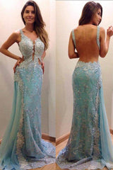 Sexy Backless Sky Blue Prom Dresses Backless Sleeveless Lace Mermaid Long Evening Dress