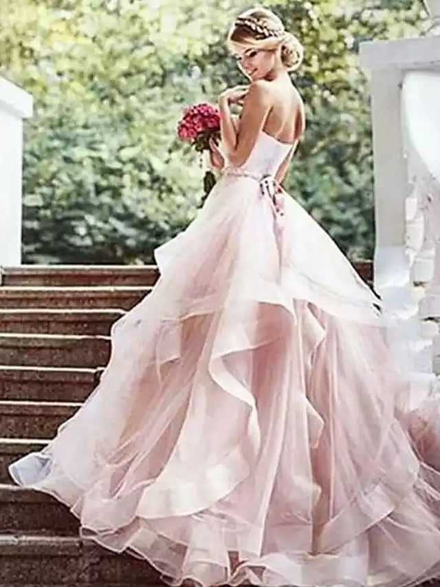 Sexy Ball Gown Wedding Dresses Strapless Lace Tulle Strapless Plus Size Bridal Gowns in Color with Court Train