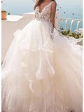 Sexy Ball Gown Wedding Dresses V-Neck Lace Tulle Sleeveless Bridal Gowns Country See-Through Sweep Train