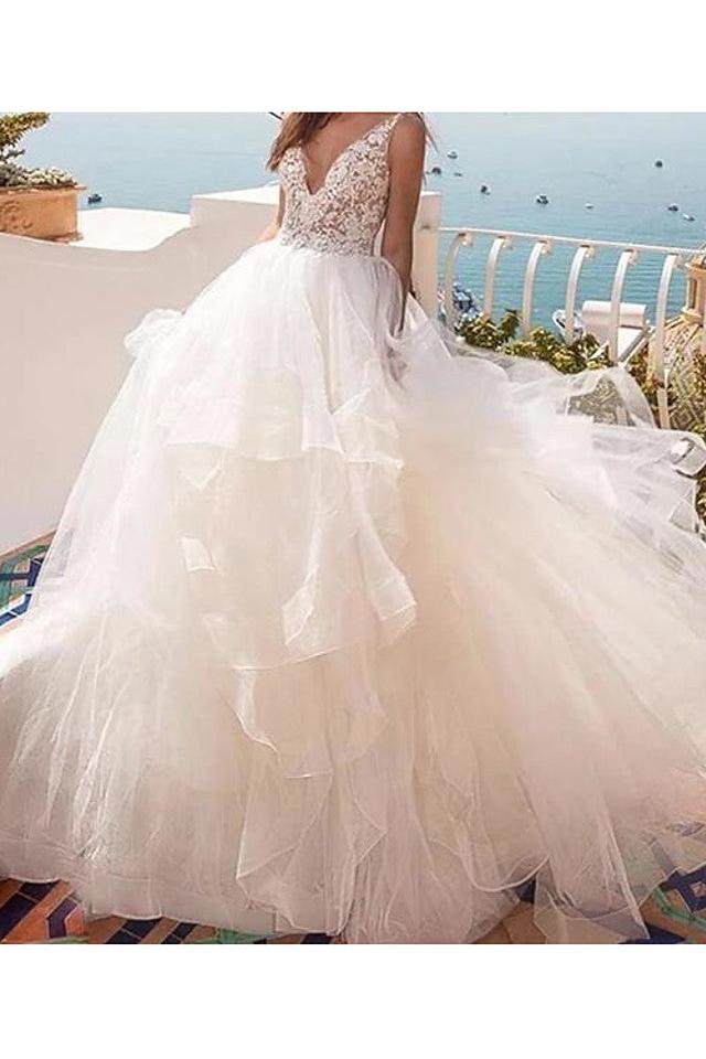 Sexy Ball Gown Wedding Dresses V-Neck Lace Tulle Sleeveless Bridal Gowns Country See-Through Sweep Train