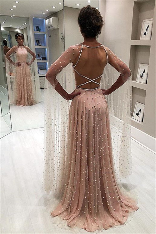 Sexy Beading Sleeveless A-Line Prom Gown | Pink Sheer-Tulle Backless Prom Dress