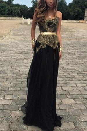 Sexy Belt Golden Gold Applique Black Chiffon New Dresses Lace Prom Evening Gowns