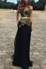 Sexy Belt Golden Gold Applique Black Chiffon New Dresses Lace Prom Evening Gowns
