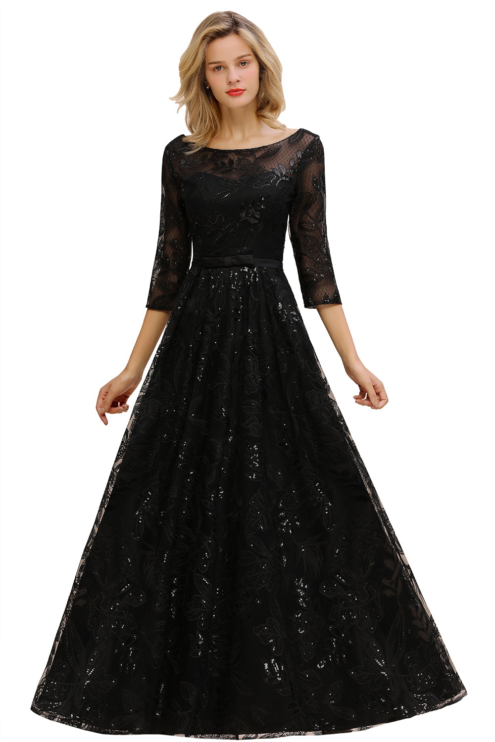 Sexy Black 3/4 Sleeves Sequins Prom Dress | Long Evening Gowns