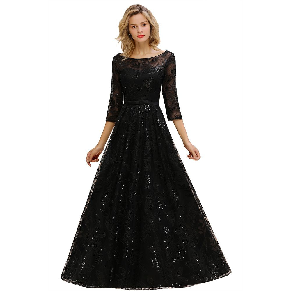 Sexy Black 3/4 Sleeves Sequins Prom Dress | Long Evening Gowns