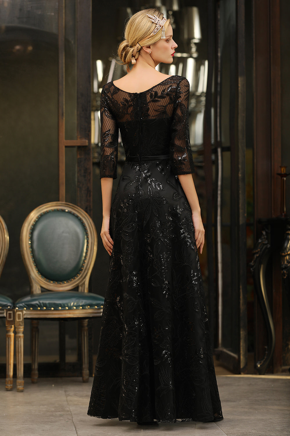 Sexy Black 3/4 Sleeves Sequins Prom Dress | Long Evening Gowns