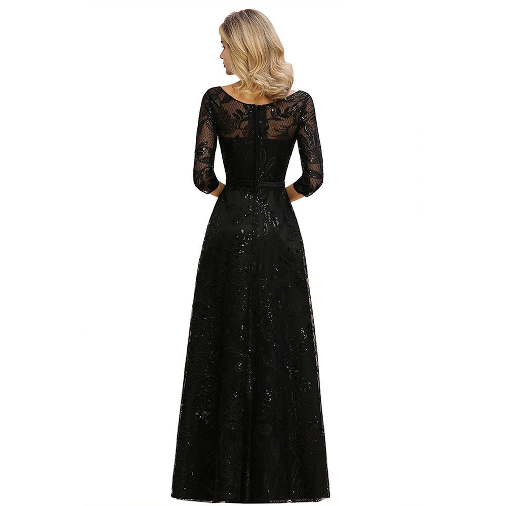 Sexy Black 3/4 Sleeves Sequins Prom Dress | Long Evening Gowns