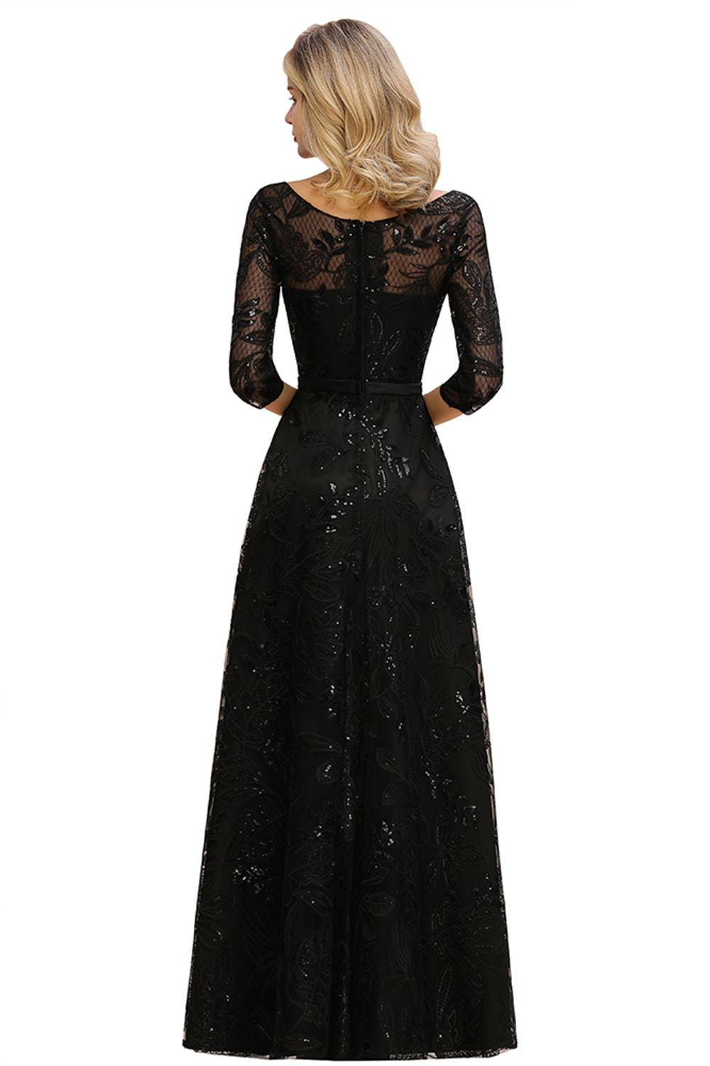 Sexy Black 3/4 Sleeves Sequins Prom Dress | Long Evening Gowns