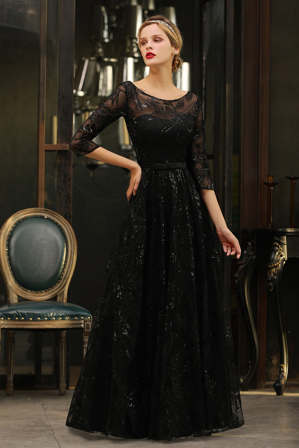 Sexy Black 3/4 Sleeves Sequins Prom Dress | Long Evening Gowns