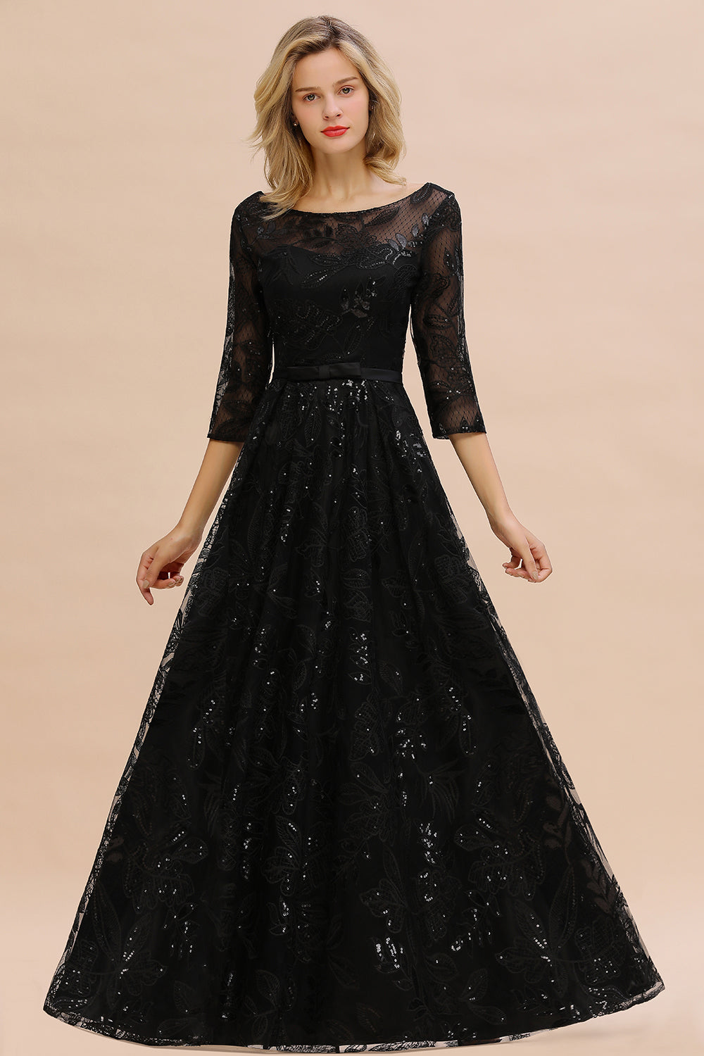 Sexy Black 3/4 Sleeves Sequins Prom Dress | Long Evening Gowns