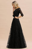 Sexy Black 3/4 Sleeves Sequins Prom Dress | Long Evening Gowns
