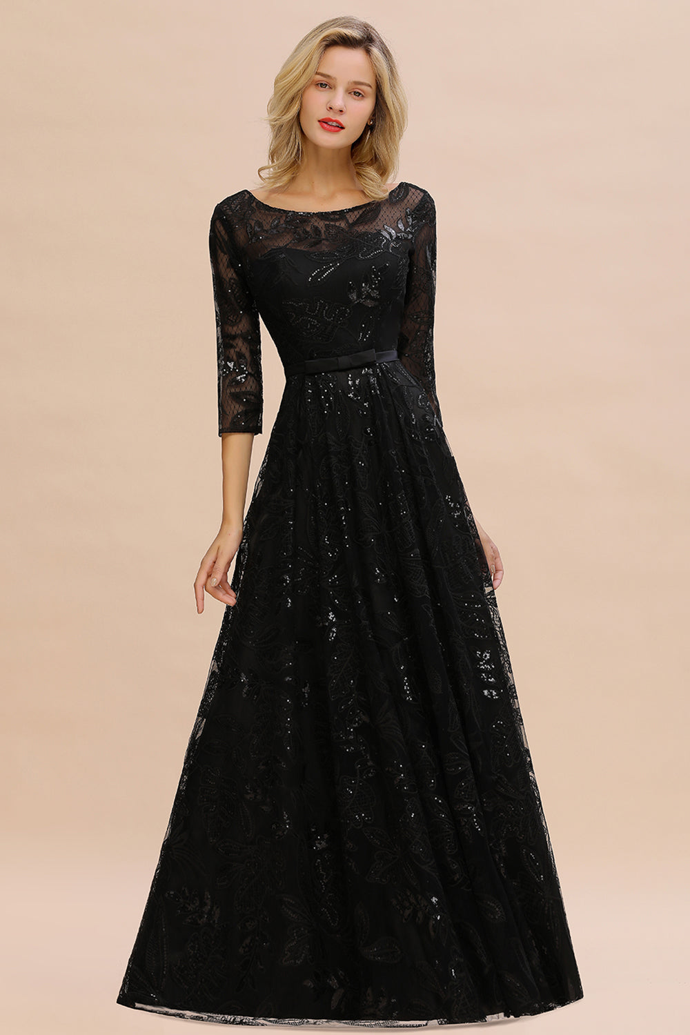 Sexy Black 3/4 Sleeves Sequins Prom Dress | Long Evening Gowns