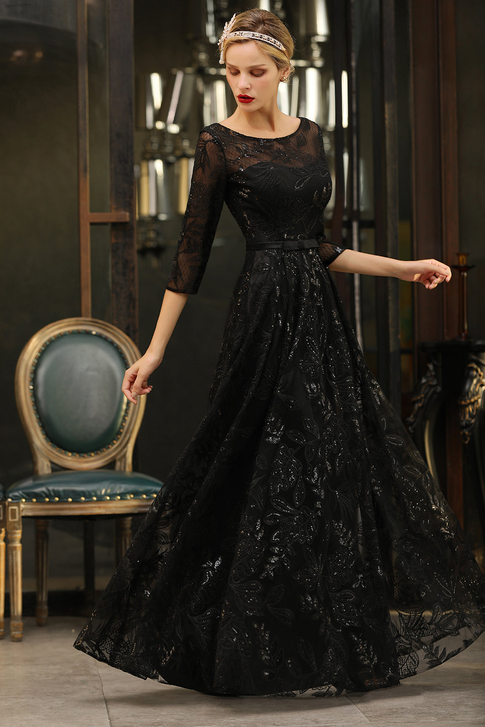 Sexy Black 3/4 Sleeves Sequins Prom Dress | Long Evening Gowns